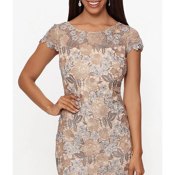 XSCAPE Floral Lace Sheath Dress Size 6 Rose Gold Short Sleeve Boat Neck NWOT - Picture 2 of 11